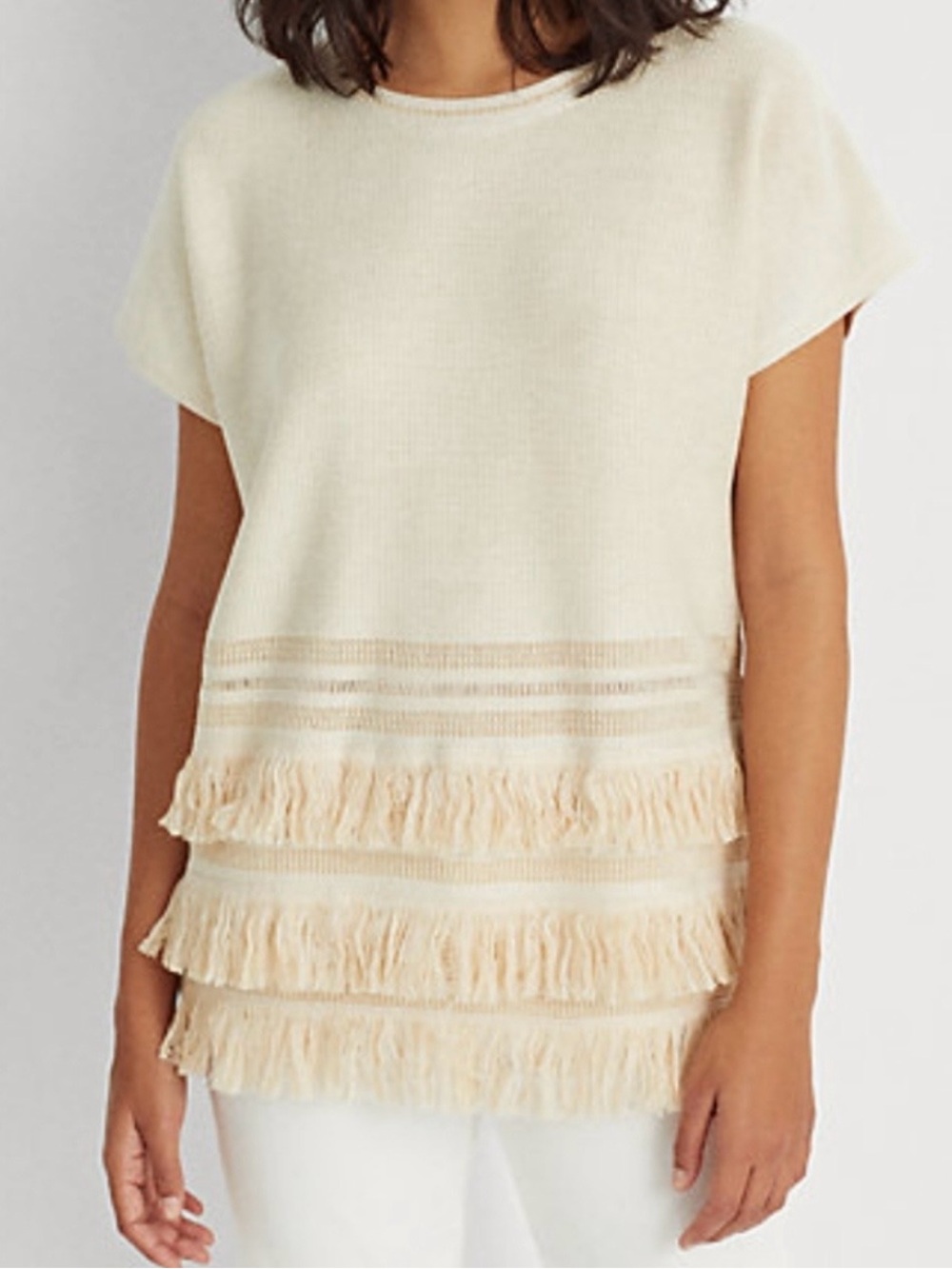 Lauren Ralph Lauren Fringe Trim Top Sweater Cream Boho Festival Size Medium